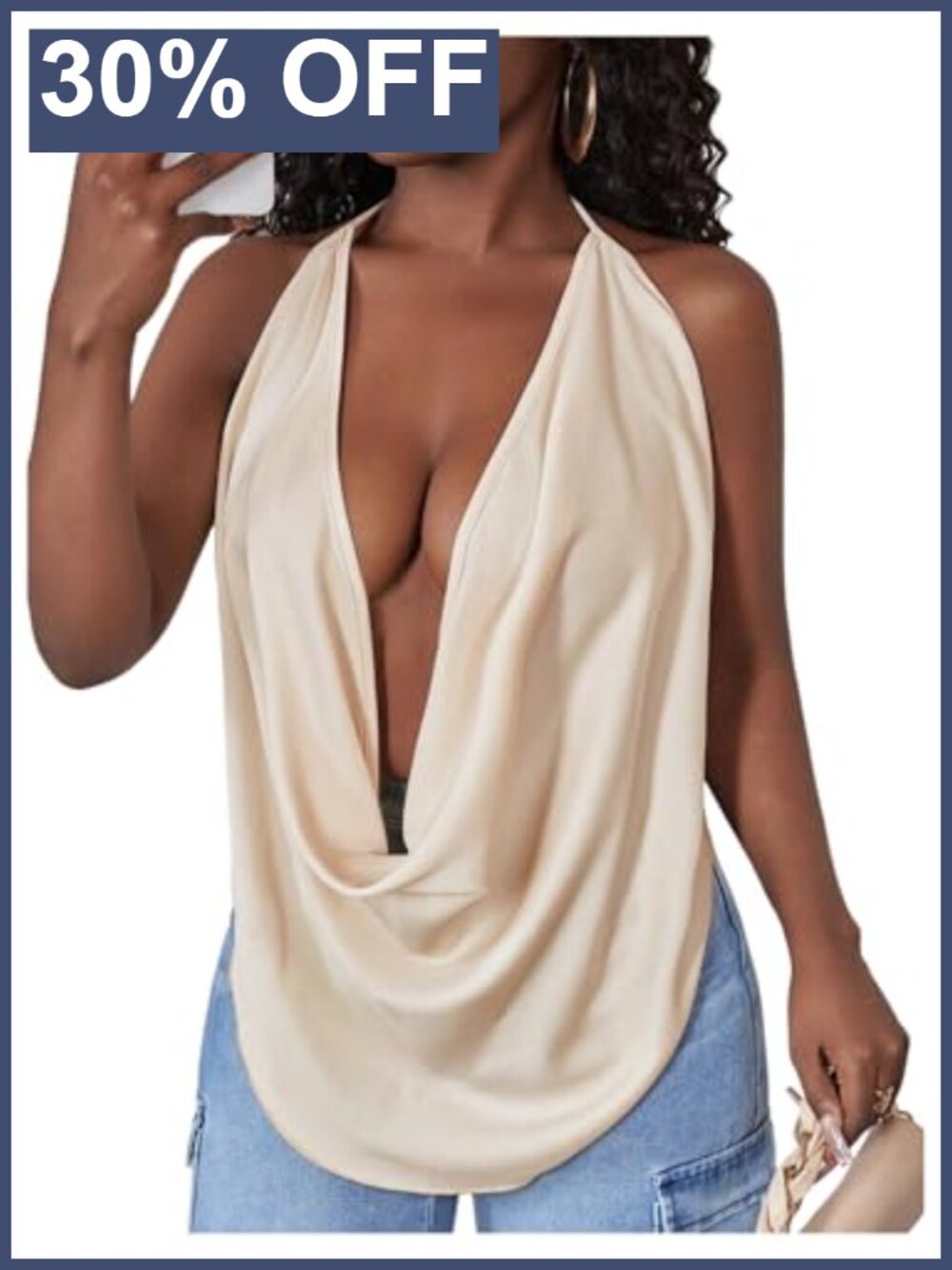 Women's Sexy Cowl Neck Deep V Neck Draped Halter Cami Top